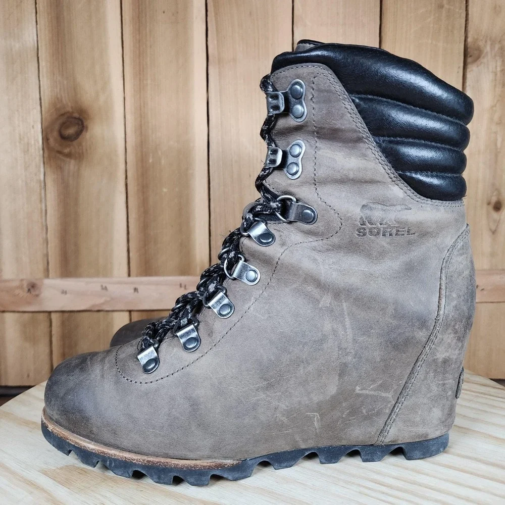Sorel Conquest Wedge Boots Womens 8 Brown Leather Ankle Waterproof Snow Booties‎